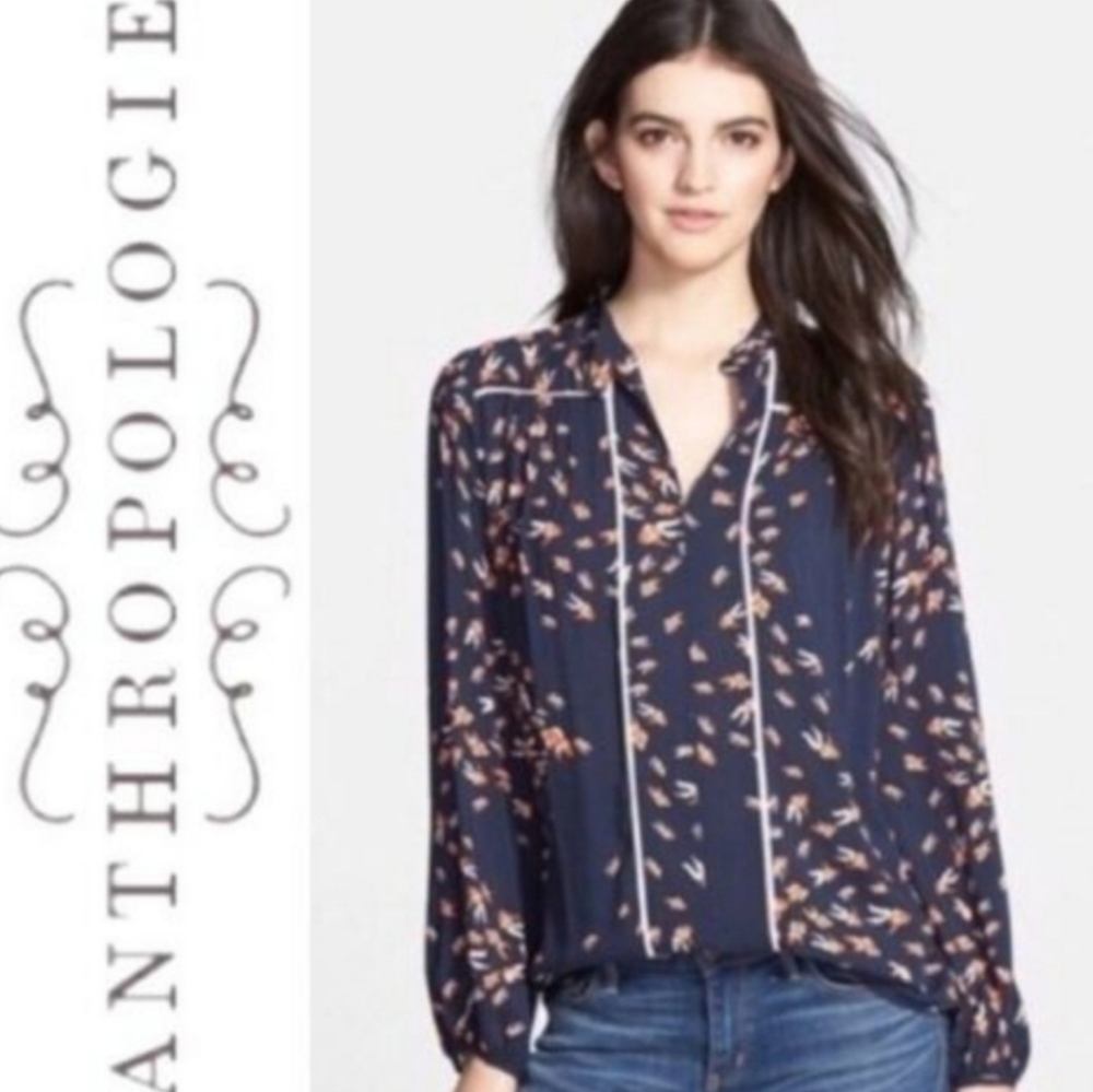 ANTHROPOLOGIE Porridge Koi Gold Fish Navy Blue Blouse Size Extra Small